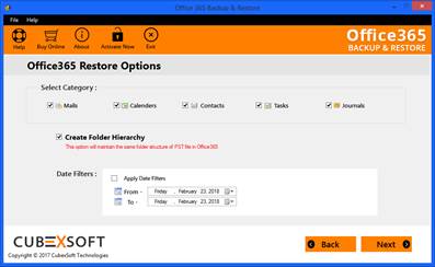 Choose date filter and categories for importing PST file into office 365