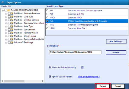 exchange edb mailboxes to eml