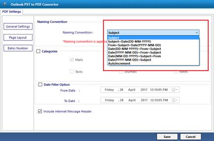 PST to PDF Advanced Settings